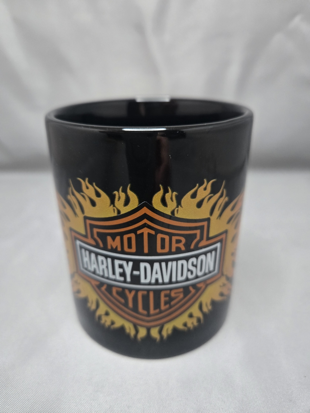 Harley-Davidson Black Mug with Orange and Yellow Flame Shield 1997